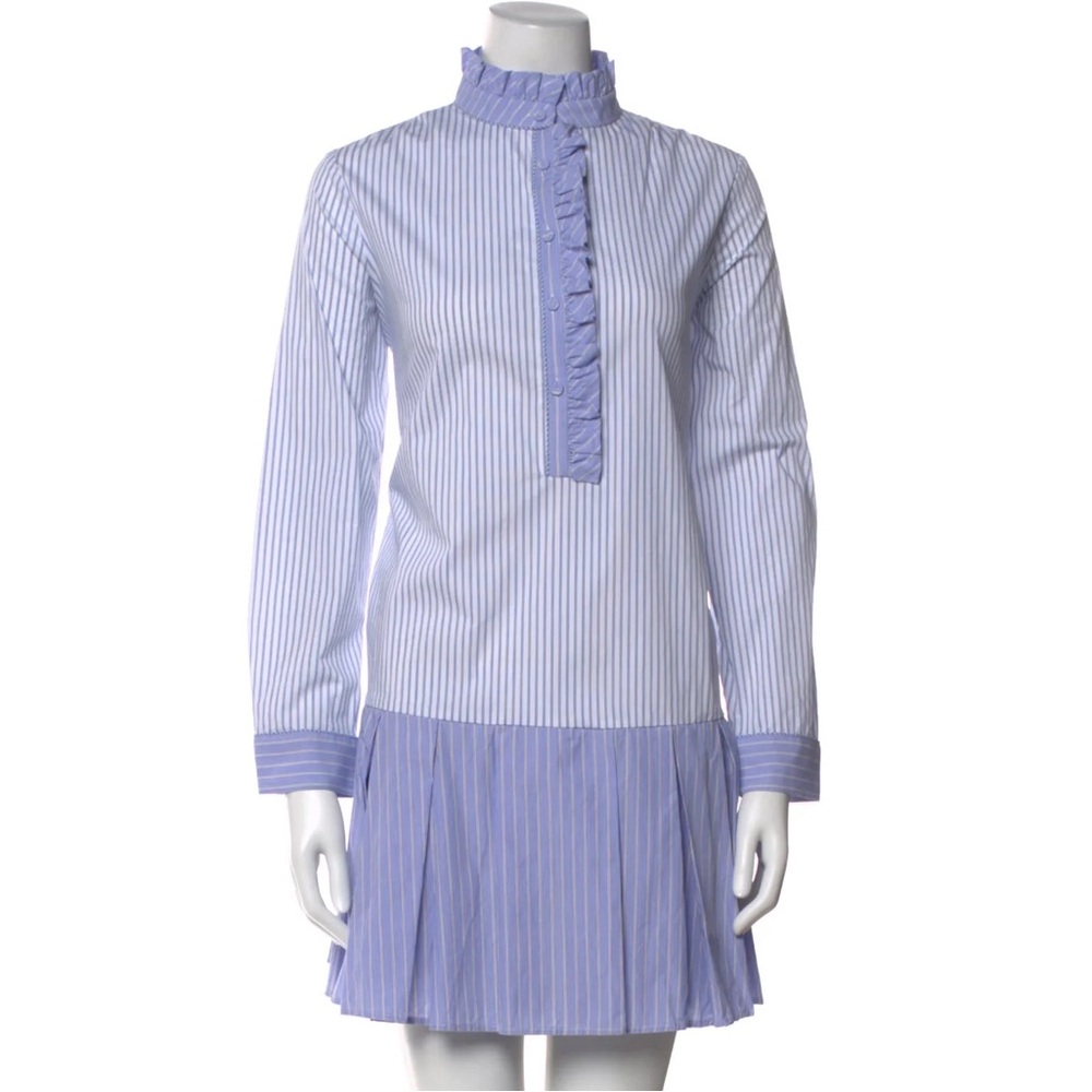 Tuckernuck Tate Linen Blend Blue & White Striped Ruffle-Neck Shirt Dress